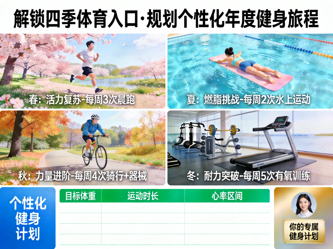 解锁四季体育入口：如何规划您的个性化年度健身旅程，展示个性化健身计划界面与运动生理学图表