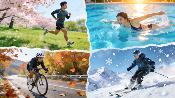 不同季节的运动场景拼贴：春季跑步、夏季游泳、秋季骑行、冬季滑雪，体现全年运动的多样性与适应性