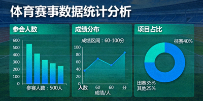 体育赛事数据可视化图表，参赛人数、成绩分布等统计分析
