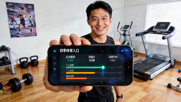 一位运动员在手机上查看四季体育入口的个人进度追踪图表，脸上露出满意的笑容，背景是运动场景