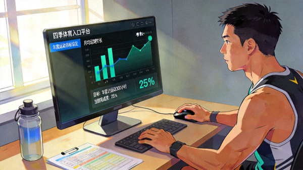 一位运动员在电脑前使用四季体育入口平台设定年度运动目标，屏幕上显示目标管理界面和可视化图表