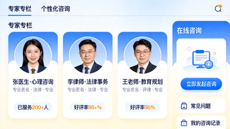 平台专家专栏与个性化咨询功能界面
