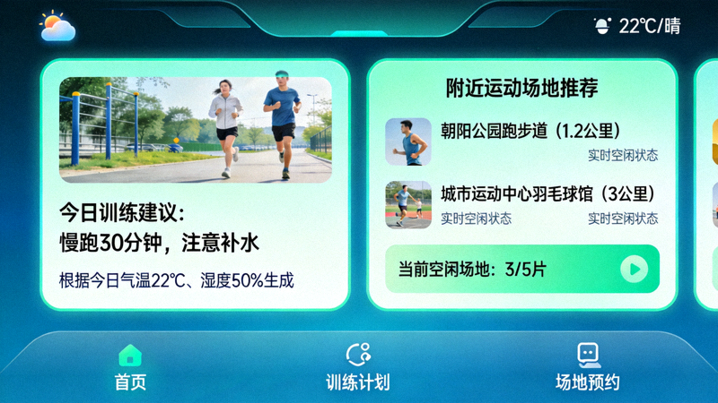 四季体育入口季节自适应引擎界面，展示根据天气预报自动调整的训练建议与附近运动场地推荐