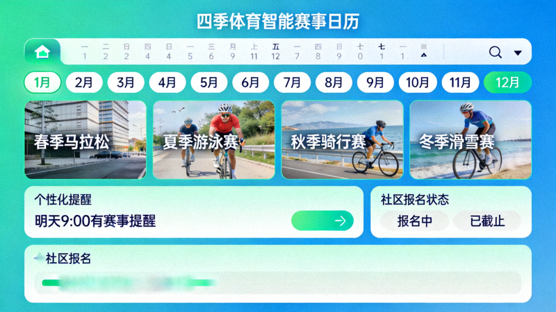 四季体育入口智能赛事日历界面，展示按月筛选的赛事列表、个性化提醒与社区报名状态